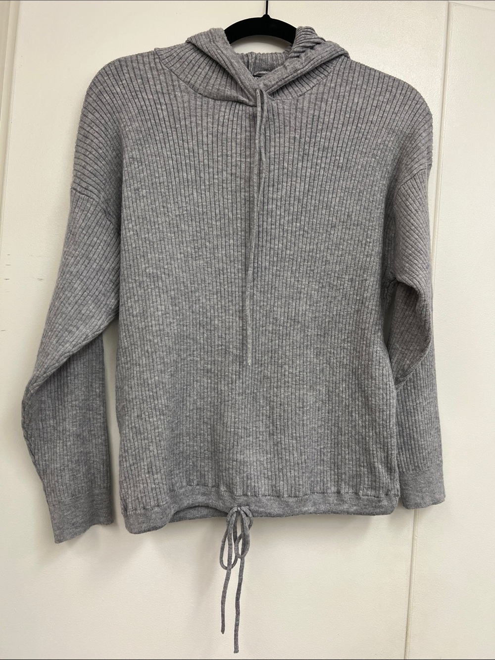 Love & Whimsy Ribbed Knit Hoodie Sweater - Gray - Casual Loungewear Waist Tie
